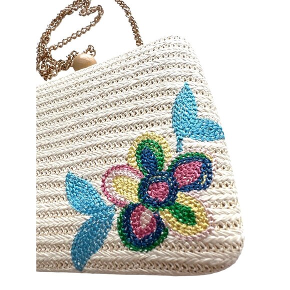 Haute Hippie Straw Hard Case Embroidered Gold Chain Crossbody Boho Bag - Picture 3 of 8